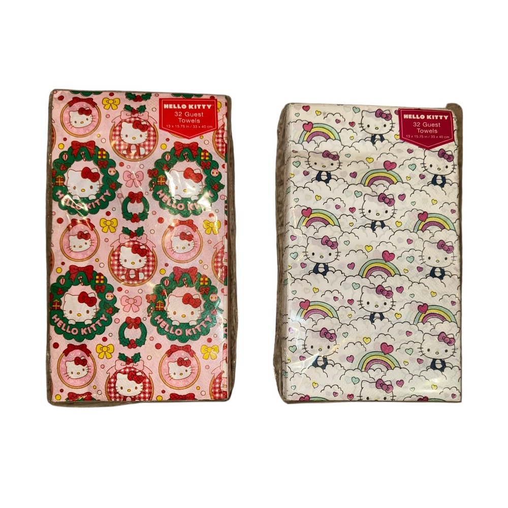 Hello Kitty 64 Guest Towels 32 Count Christmas Wreath & Rainbow Cloud Themes